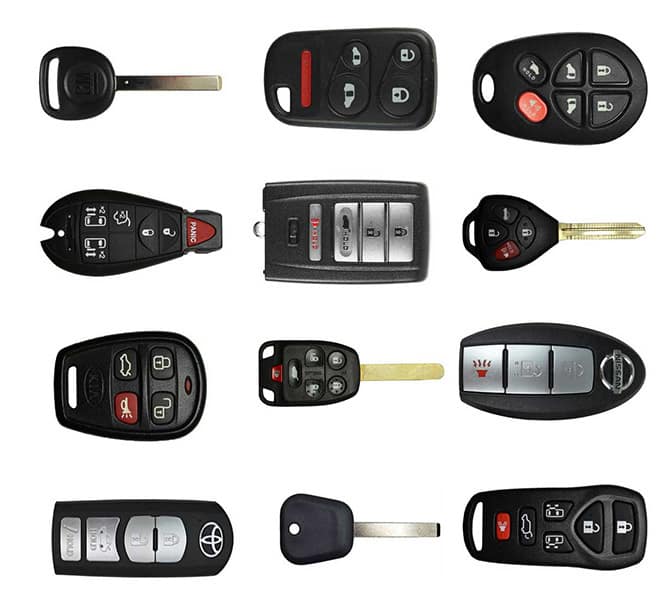 A variety of transponder keys, remote head keys, key fobs, and car remotes.